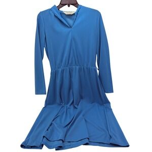 Lynn Davis Vintage Blue Long Sleeve V-Neck Elastic Waist Midi A-Line Dress